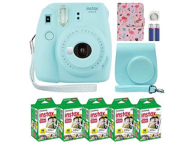 Instax Mini 9 Instant Camera Ice Blue with Custom Case + Fuji Instax Film Value Pack 50 Sheets Flamingo Designer Photo Album for Fuji instax Mini 9