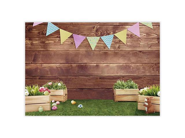7x5ft Fabric Spring Easter Backdrops for Girls Photography Wrinkle Free Happy Bunny Rabbit Green Grass Brown Wooden Wall Baby Shower Kids Newborn