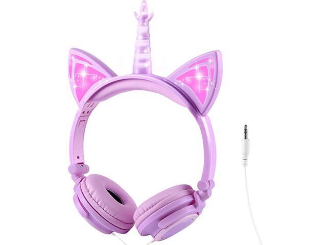 Unicorn Headphones for Kids Foldable Kids Headphones with LED Glowing Light and 35mm Jack for School Birthday Gifts Light Purple