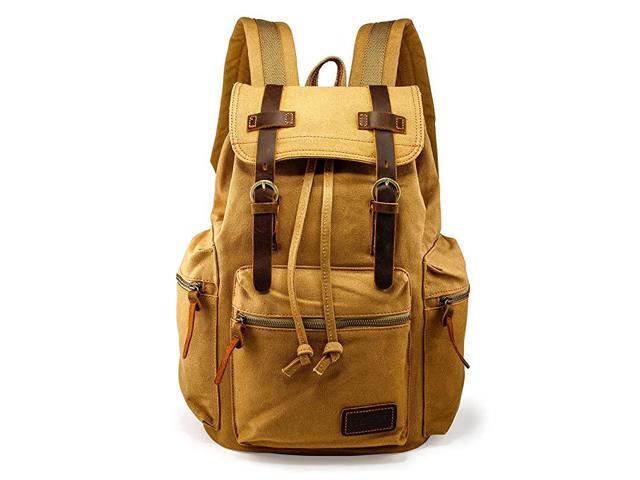 TM 21L Vintage Canvas Backpack for Men Leather Rucksack Knapsack 15 inch Laptop Tote Satchel School Military Army Shoulder Rucksack Hiking Bag Khaki