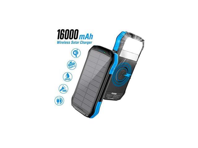 Power Bank Solar Charger with Qi Wireless Charger and 2 USB Port Ultra Waterproof Portable Phone Charger 16000mAh External Battery Pack with 15