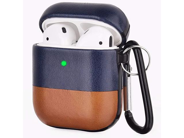 Compatible with Airpods Case Genuine Leather Case for Airpods 2 1 Front LED Visible Protective Cover Skin Mixcolor NavyBrown