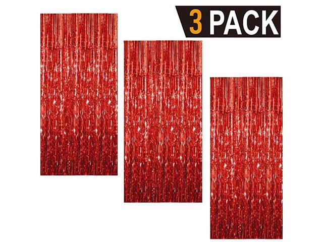 32 ft x 98 ft Metallic Tinsel Foil Fringe Curtains for Party Photo Backdrop Wedding Decor 3 Pcs Red