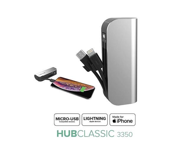 HubMini Portable Charger 3300mAh External Battery Pack Power Bank Builtin Lightning Cable and MicroUSB Cable for Cell Phones iPhone Xs XS Max XR X