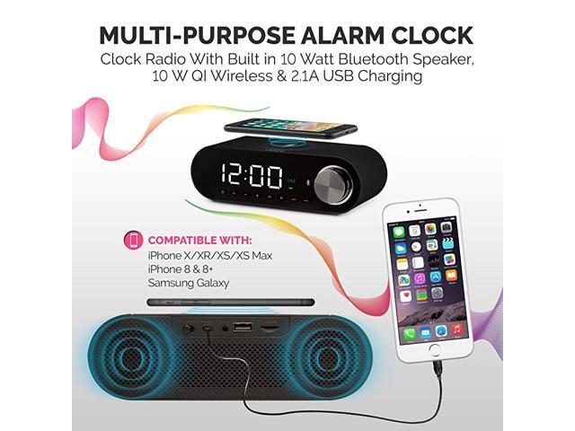 Digital LED Alarm Clock Built In 10W HD Bluetooth Speakers FM Radio QI Certified Fast Wireless Charger for iPhone Samsung and MoreUSB port Battery