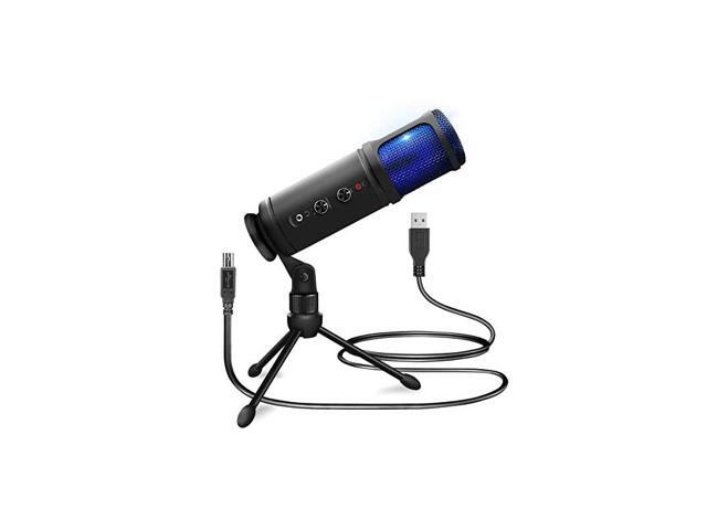 USB PC Recording Condenser Microphone Blue LED Adjustable Gain Headphone Jack Mute Control Tripod Stand Portable Pro Audio Condenser Desk Mic for