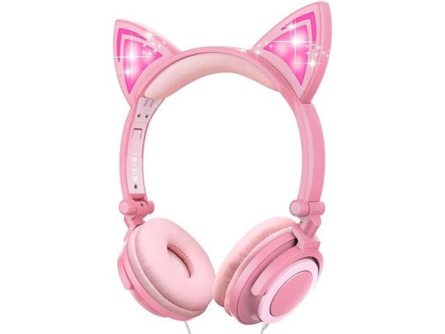 Cat Ear Headphones OnEar Kids Headphone with LED Flash Wired Mode and 35mm Jack 85dB Volume Control Foldable Girls Headphones for School Birthday