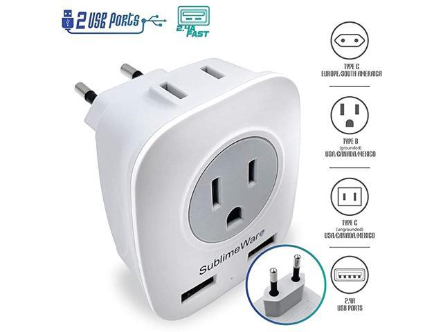 European Power Adapter w 2 USB Ports 2 AC Outlets USA to EU Outlet Plug US to Europe Plug Adapter Electrical Charger Travel Adapters for Europe