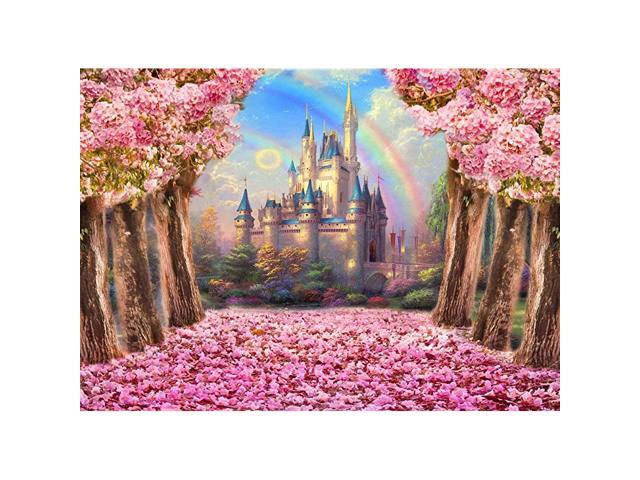 Disney Castle Backdrop 7x5ft Pink Sweet Sakura Flowers Tree Photography Background Summer Wedding Kids Girls Baby Birthday Party Photo Studio Props