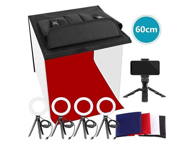 Photo Studio Box 24x24inches Table Top Photo Light Box Continous Lighting Kit with 5 Tripod Stands 4 LED Ring Lights 4 Color Backdrops and a Phone