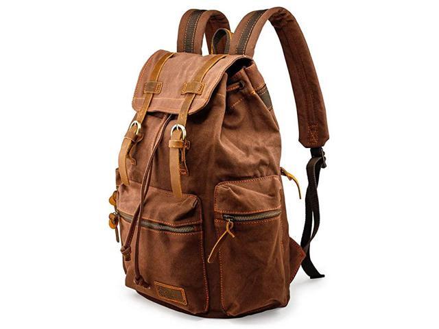 TM 21L Vintage Canvas Backpack for Men Leather Rucksack Knapsack 15 inch Laptop Tote Satchel School Military Army Shoulder Rucksack Hiking Bag Coffee