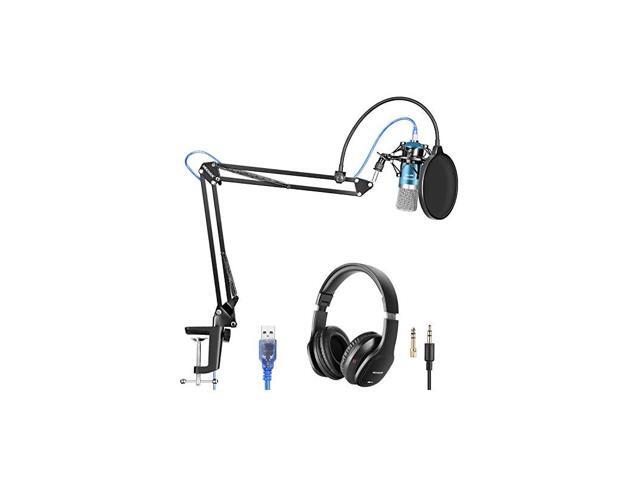 USB Microphone with Suspension Scissor Arm Stand Shock Mount Monitor Headphone Pop Filter USB Cable and Table Mounting Clamp Kit for Sound