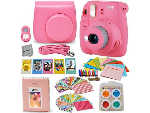 Instax Mini 9 Instant Fuji Camera Flamingo Pink + Accessories Bundle + Custom Matching Case wNeck Strap + Photo Album + Assorted Frames + 4 Color