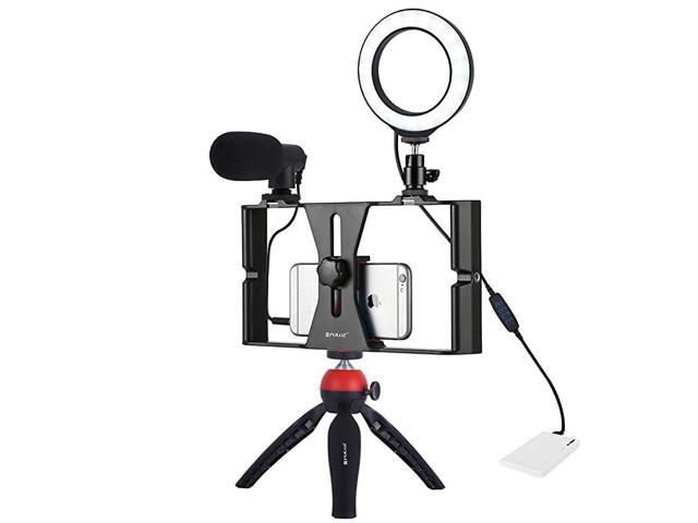4 in 1 Vlogging Live Broadcast Smartphone Video Rig + 46 inch Ring LED Selfie Light Kits with Microphone + Tripod Mount + Cold Shoe Tripod Head for
