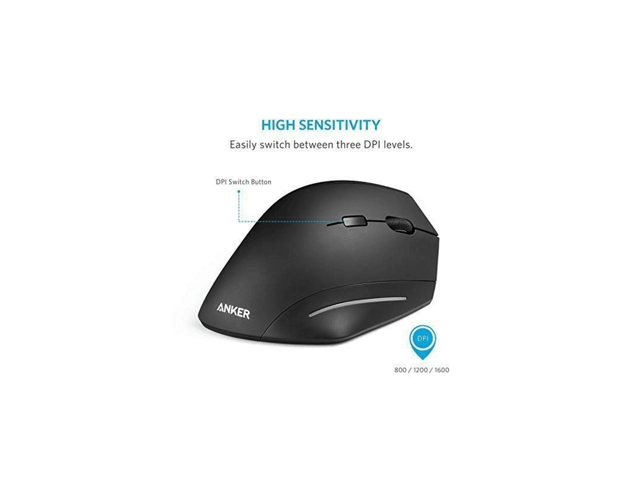 Wireless Mouse Anker Ergonomic USB 24G Wireless Vertical Mouse with 3 Adjustable DPI Levels 800 / 1200 / 1600 and Side Controls - Black