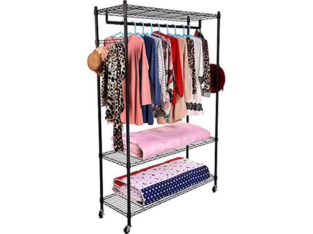 homdox 3-tiers large size heavy duty wire shelving garment rolling rack clothing rack with double clothes shelves and lockable