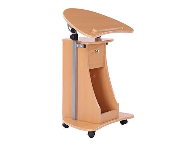 homcom height adjustable laptop cart rolling mobile podium desk stand with swivel top & storage - beech wood