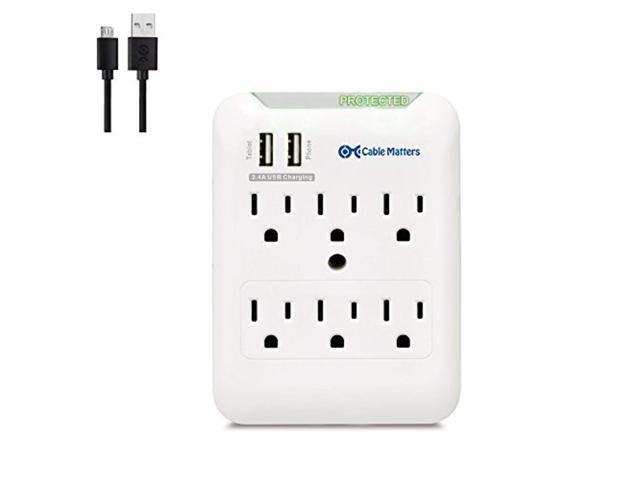 cable matters 6 outlet wall mount surge protector with usb charging in white (updated version with dimmed led light)