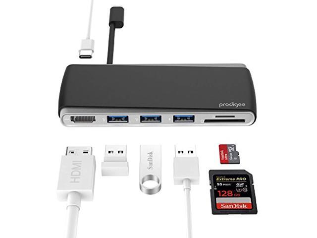 prodigee usb-c type hub multi-port adapter 7 inputs 3 x usb 30 1 x usb-c sd & micro sd card reader 4k hdmi for macbook