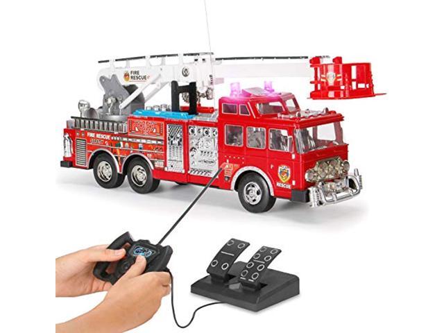 liberty imports 20-inch jumbo rc rescue fire engine truck remote control toy with foot pedal control extending ladder flashin