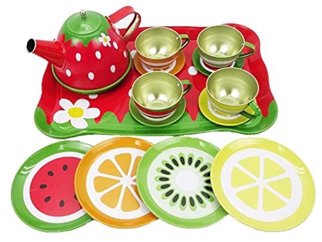 liberty imports colorful tin tea party set for kids - metal teapot and cups kitchen playset (fruit garden)