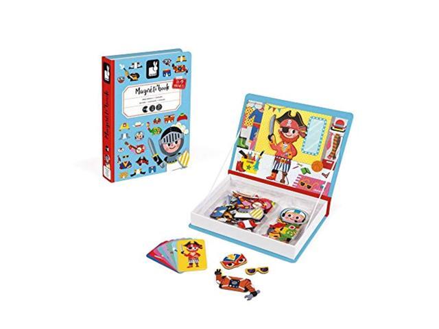 janod magnetibook 45 pc magnetic boys costumes dress up game for imagination play - book shaped travel/storage case included -