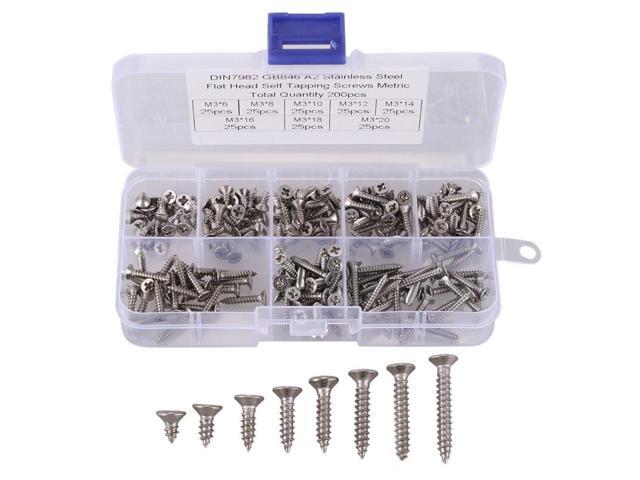 200Pcs M3 Stainless Steel Flat Head Screws Kits High Strength Self-Tapping Screws Assortment Set For Wood Furniture