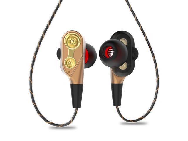 35mm HiFi Wired Earphone Dual-Dynamic Quad-core Speaker In-ear earbuds Flexible Cable Anti-wrap with HD Microphone(Gold)