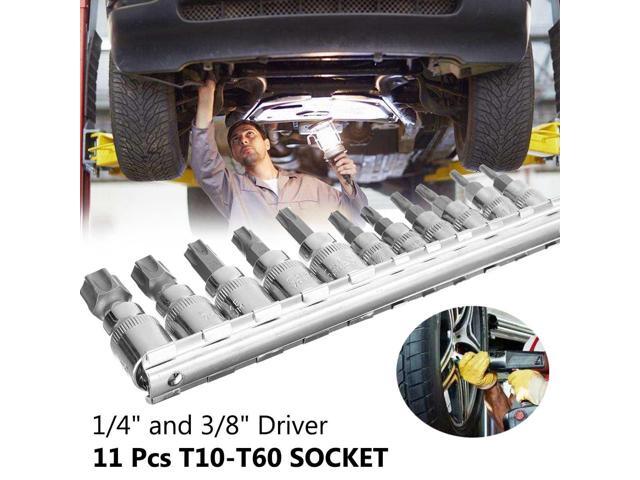 11Pcs 1/4 Inch 3/8' Security Tamper Proof Torx Hex Star Bit Set Screwdriver Torx Bit Socket Set T10 to T60 Drive Star Tool Bits