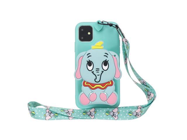 For iphone 11 11pro 11pro max Cartoon Coin Purse Full Protective TPU Mobile Phone Cover +Cartoon Hanging Lanyard 2 light blue elephant iPhone 11. (Electronics Computers Computer Accessories Pda Accessories) photo