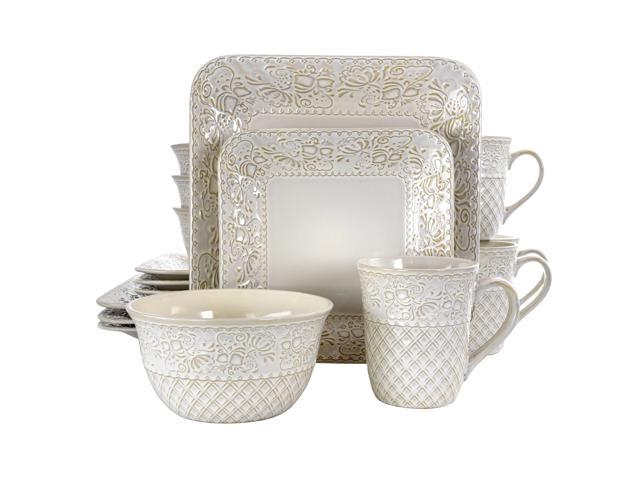 Elama Ivory Lotus 16 Piece Square Stoneware Dinnerware Set