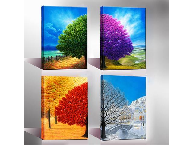 Wieco Art Four Change Seasons Trees Canvas Prints Wall Art by Oil Paintings Style Pictures for Living Room Bedroom Home Decorations 4 Piece Modern