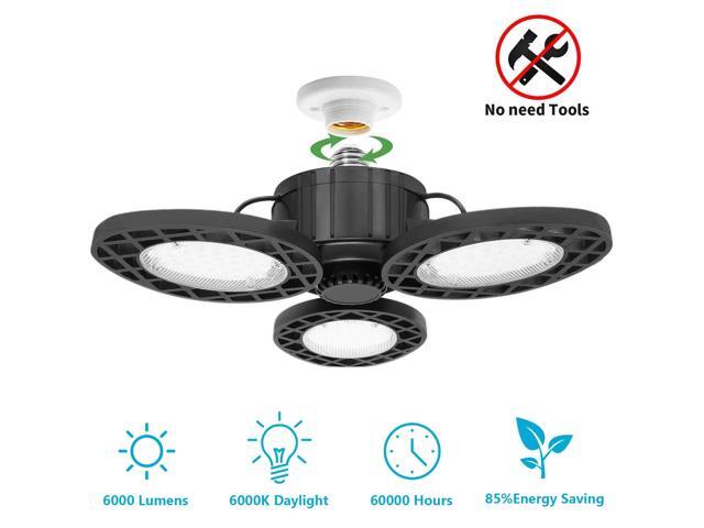 Triple Glow LED Garage Lights New 6000Lumens Three Leaf Deformable Tribright Garage Light Ceiling LED with 3 Adjustable Panels 60W E26