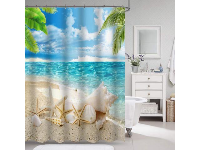 VVA Summer Fabric Shower Curtain Seashell Waterproof Fabric Shower Curtain Sets Tropical Sea Seashore Beach Palms Trees Starfish Conch Design
