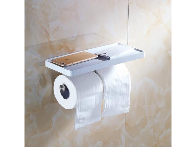 Beelee Toilet Paper Holder with Shelf - White Double Paper Holder Bathroom Cell Mobile Phone Holder Shelf Wall Mounted Design Best for Bathroom
