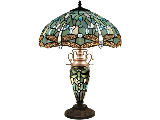 Tiffany Lamp 24 Inch Tall 3 Light Pull Chain Sea Blue Stained Glass Dragonfly St