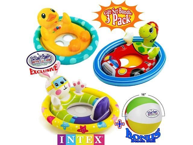 Mattys Toy Stop See Me Sit Pool Rider Floats Duck Bunny & Racing Turtle Gift Set Bundle with Bonus 16' Beach Ball - 3 Pack