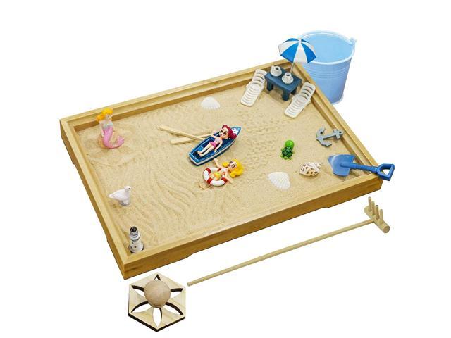 Desktop Miniature Beach Zen Garden - Mini Home Office Tabletop Sandbox Bamboo Rakes Stamps Tray Tool Accessories Kit Meditation Relaxation Decor