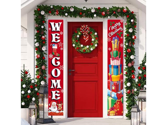 Merry Christmas Banner Gift Box Porch Hanging Decorations Red Xmas Welcome Sign for Home Holiday Party Christmas Winter Decor Indoor Outdoor