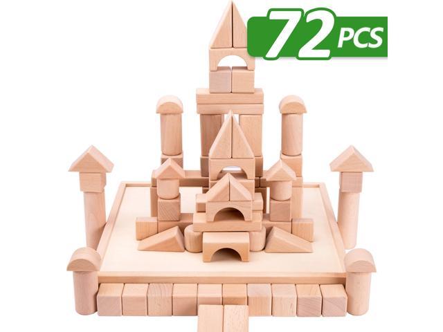 iPlay iLearn Kids Wooden Building Block Set 72 PCS Wood Castle Blocks Kit Natural Wooden Stacking Cubes Educational Montessori Toy for Age 3