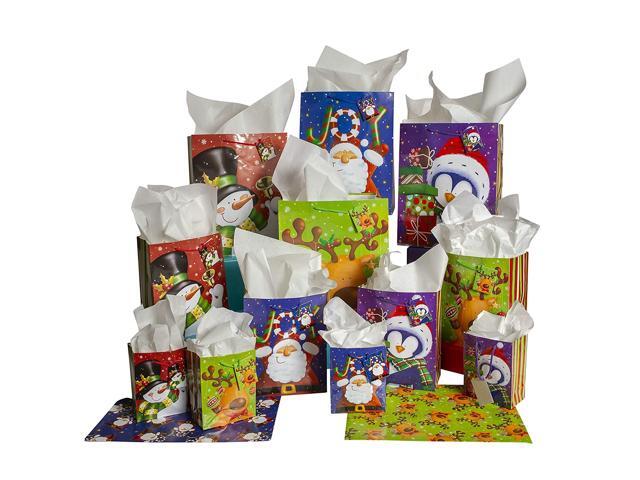 Christmas Gift Bags w/Holiday Tags Flat Wrap and White Tissue Paper (28-Piece Set) Small Medium and Large Reusable Present Wrapping Santa