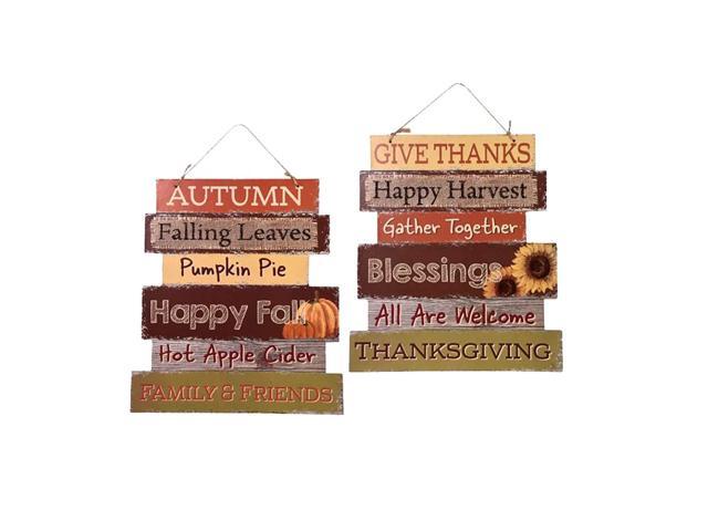 Greenbrier Fall Decoration Hanging Indoor Outdoor Welcome Wood Sign - Thanksgiving and Harvest Blessings - Set of 2