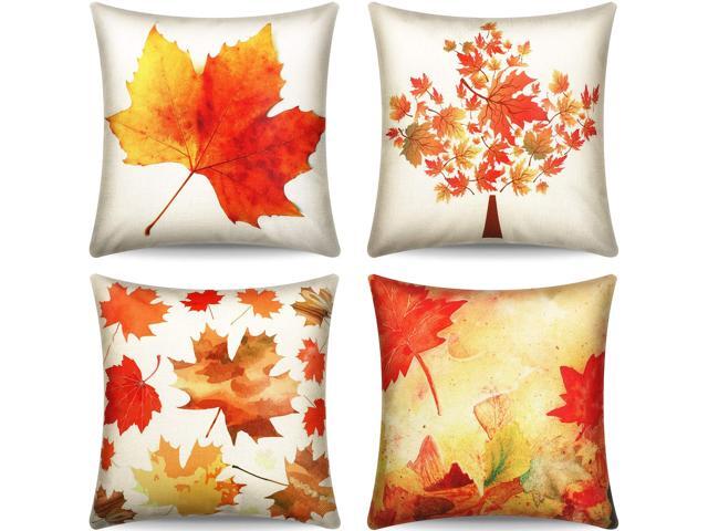 Boao 4 Pieces Thanksgiving Throw Pillow Covers Fall Maple Leaves Pillow Cases Cotton Linen Square Decorative Cushion Cover for Thanksgiving Autumn