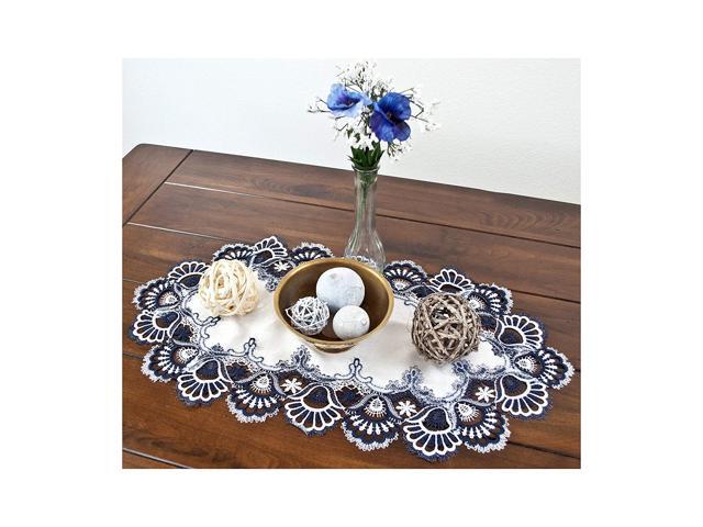 Large Lace Placemat Dresser Scarf Table Runner Blue Navy and White European Table Centerpiece 14 x 27 Inches Doily