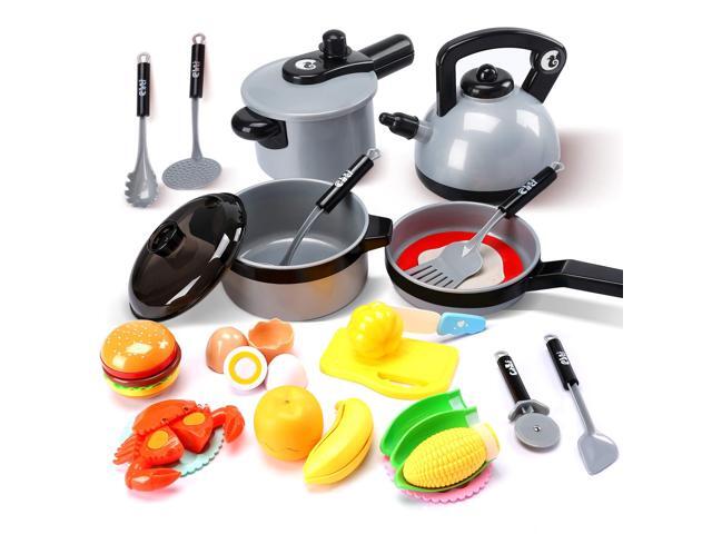 Cute Stone Kids Kitchen Pretend Play Toys Play Cooking Set Cookware Pots and Pans Playset Peeling and Cutting Play Food Toys Cooking Utensils