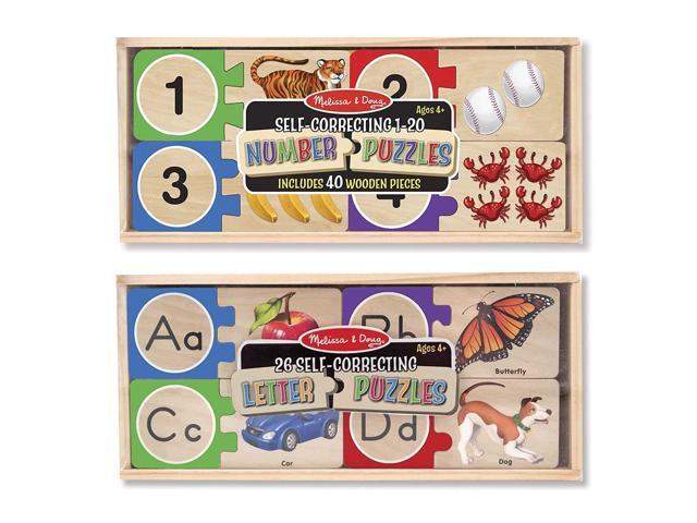 Melissa & Doug Self-Correcting Letter and Number Wooden Puzzles Set With Storage Box