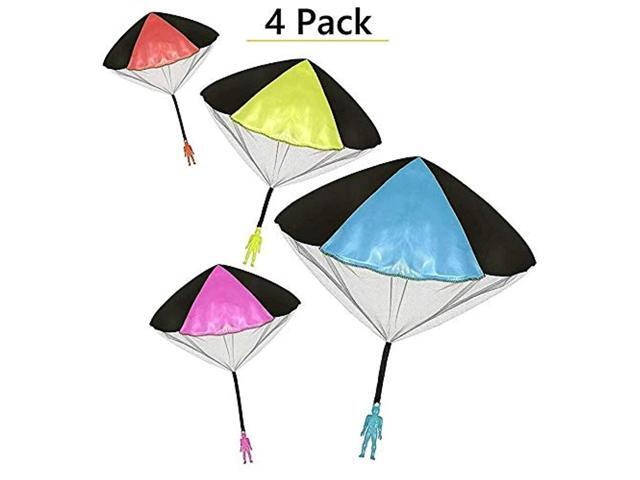 Toys+ 4 Pack Tangle Free Throwing Parachute Man with Large 20' Parachutes! Blue Orange Pink and Yellow