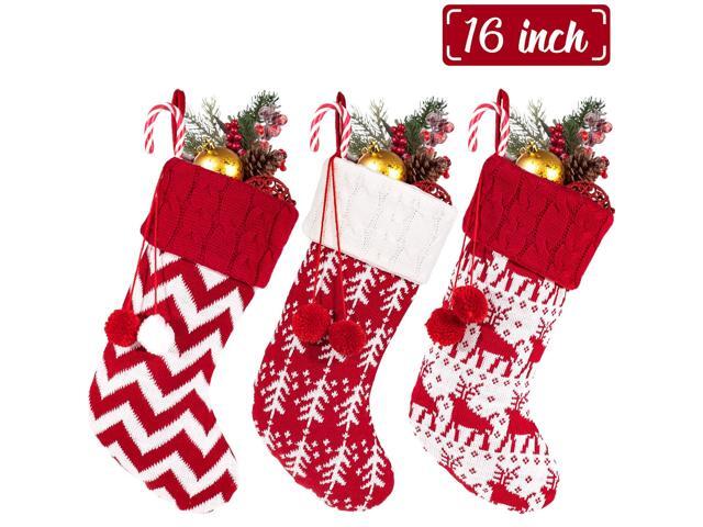 Whaline Knitted Christmas Stockings 3 Pack Large Size Xmas Hanging Stockings for Christmas Decorations and Family Holiday Season Decor (White & Red)