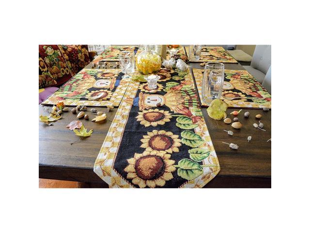 Tache Home Fashion Sunflower Field Scarecrow Thanksgiving Autumn Harvest Country Farmhouse Vintage Decorative Woven Tapestry Table Runners 13x90
