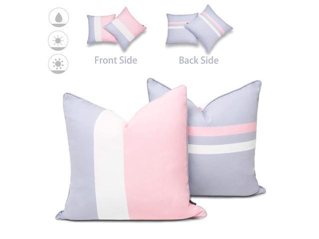 Hofdeco Outdoor Patio Decorative Throw Pillow Cover ONLY Weather Water Resistant Canvas Color Block Rose Quartz Pink Grey White Stripes 20'x20' Set
